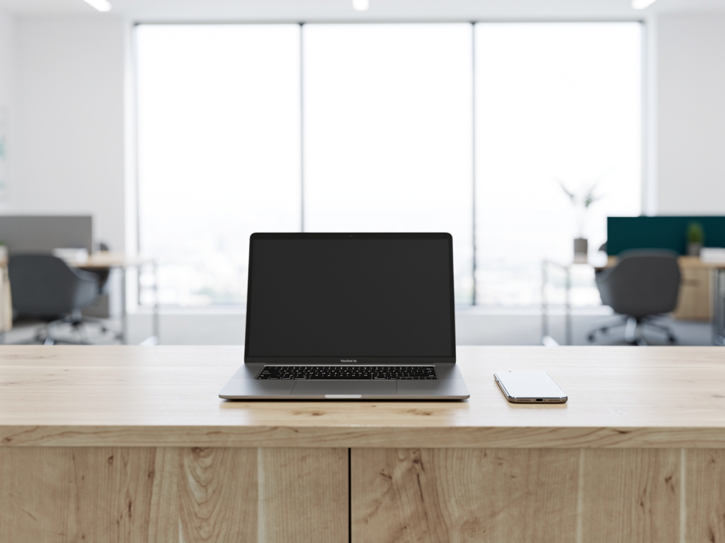 A clean front desk with a laptop and a phone on a natural wood counter, the office softly blurred behind it.