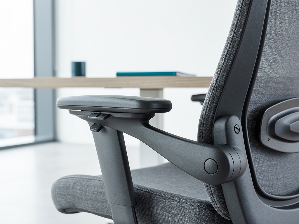 Close-up of the adjustable armrest and lumbar area of a graphite ergonomic chair in soft daylight.
