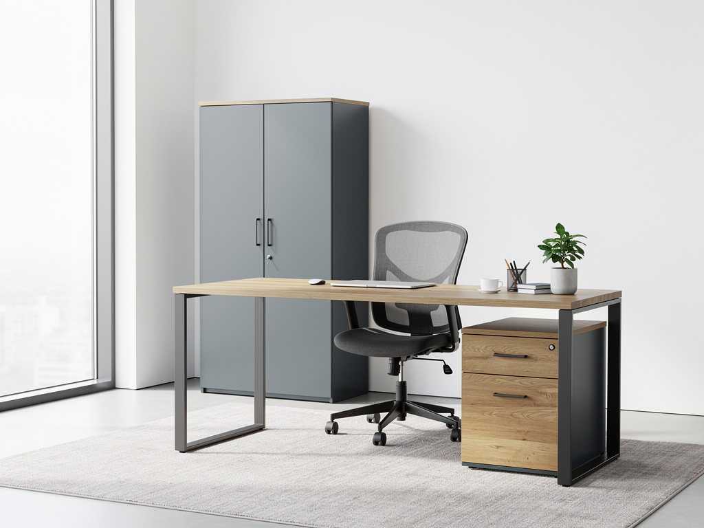 A fully furnished office corner with desk, chair, cabinet and drawer unit in matching graphite and wood finishes.