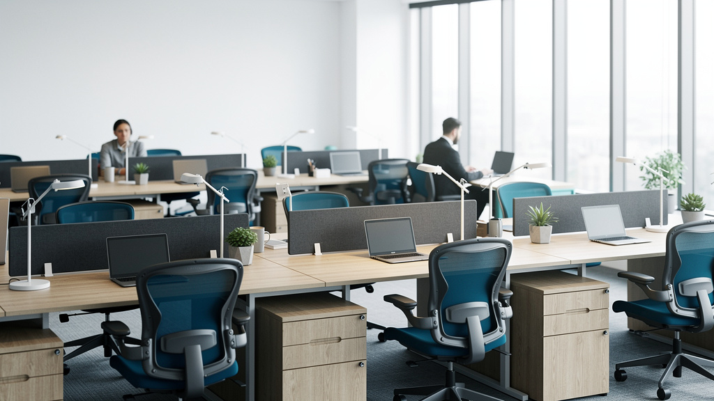A tidy open-plan office with petrol blue ergonomic chairs at natural wood workstations, bathed in soft window light.
