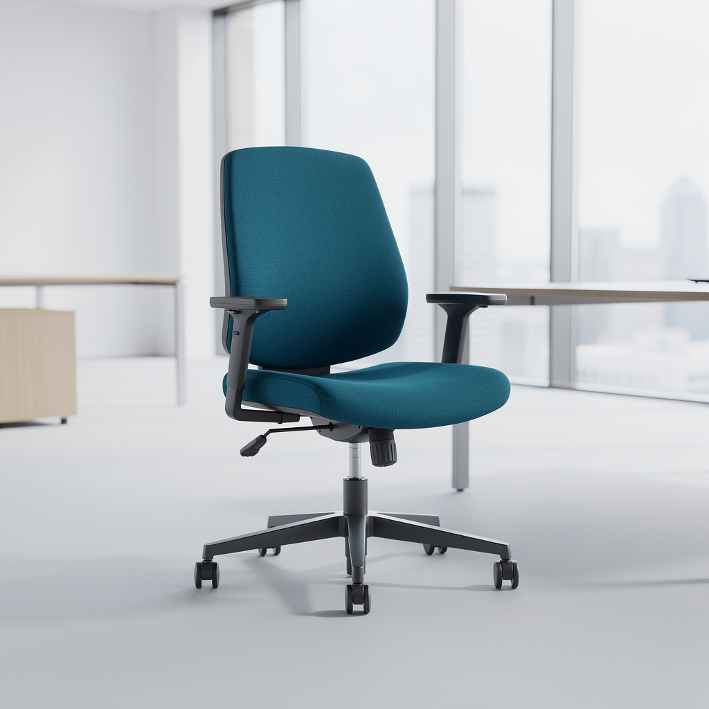 A graphite ergonomic office chair with petrol blue upholstery standing alone on a light gray seamless background.