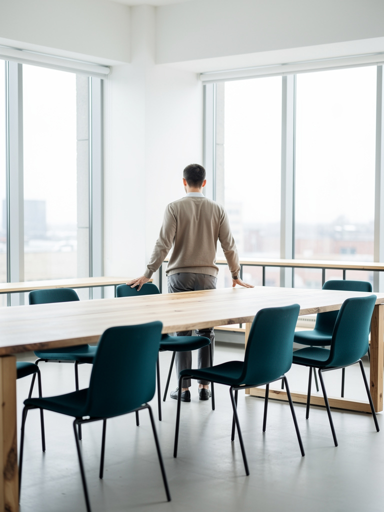 A team member seen from behind arranging chairs around a wood meeting table in the bright office, face out of frame.